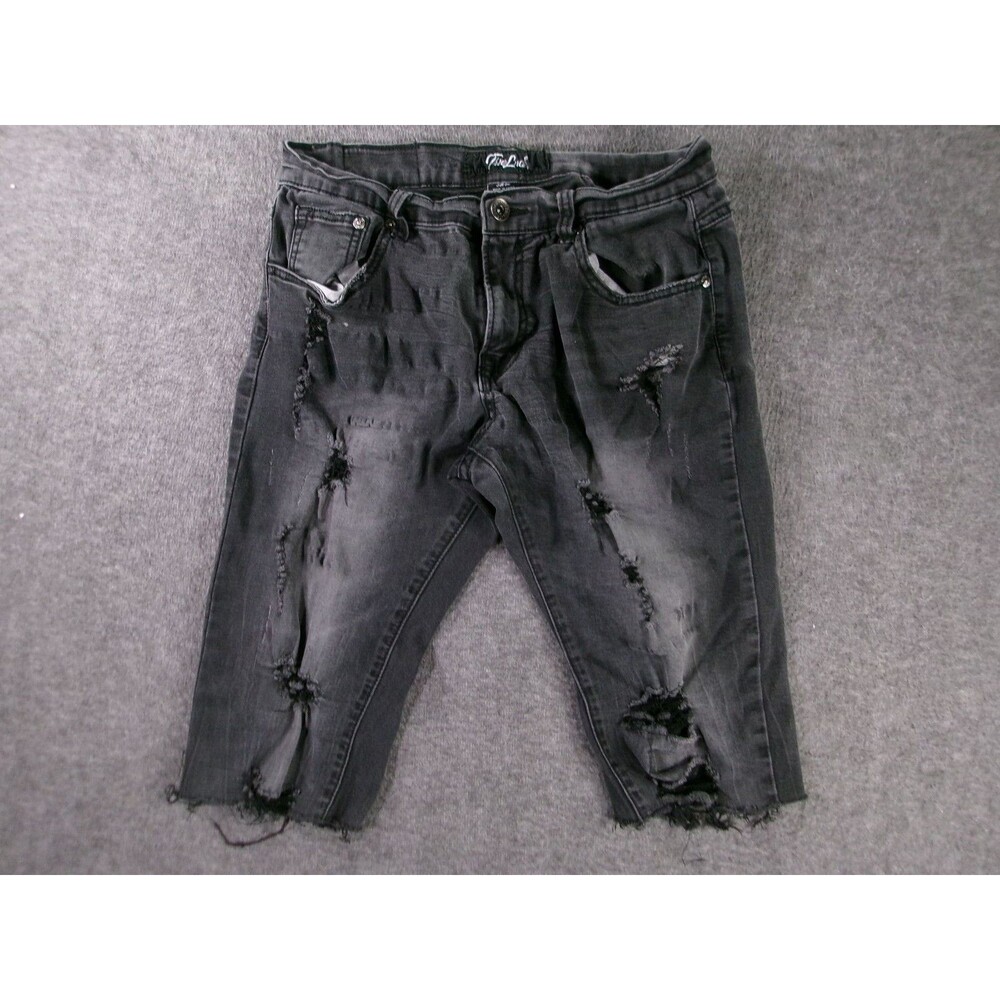 True Luck Jean Shorts Mens 30 Distressed Ripped Cropped Black Stretch Slim Denim